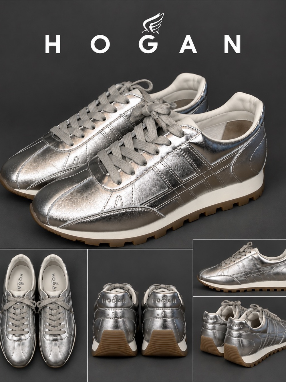 HOGAN METALLIC SILVER LEATHER SNEAKERS – SIZE 40